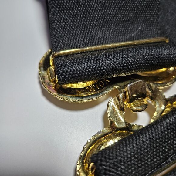 Vtg Black Elastic Stretch Belt Gold Tone Floral Clover Bow Knot Buckle Up To 31" - Picture 4 of 10